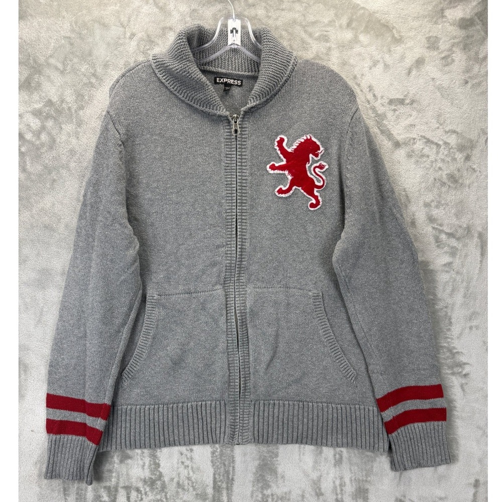 Express Mens Full Zip Cardigan Sweater Gray Red Lion Crest Shawl Collar Large